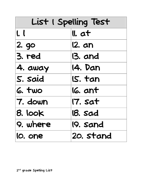 Spelling List 1 2nd Grade